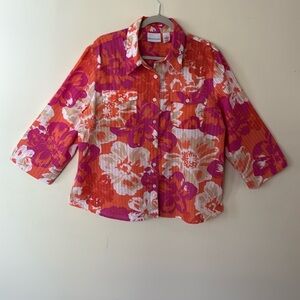 Alfred Dunner Ladies Blouse/Shirt Button Up Pink & Orange Flowers Size 18